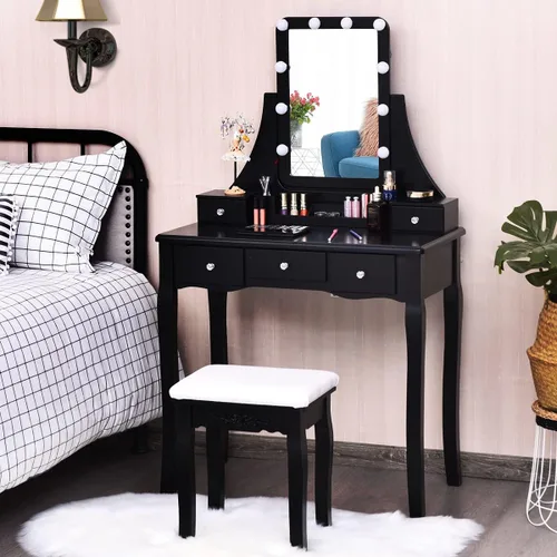 Miniatura 2 de LDAILY Juego de mesa de tocador con 10 luces LED, tocador de maquillaje con espejo cuadrado iluminado giratorio de 360°, taburete acolchado y 5