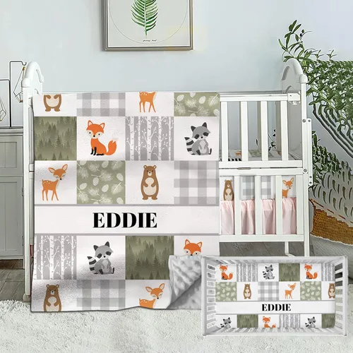 Juego de ropa de cama de animales del bosque, ropa de cama personalizada de 2 piezas para cuna para bebé niña o niño, incluye sábana bajera y