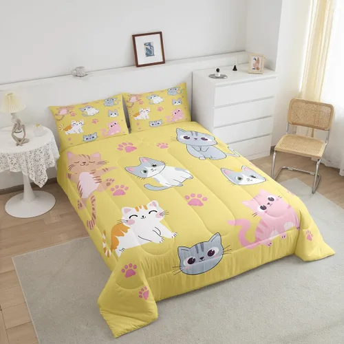 Miniatura 56 de Erosebridal Juego de ropa de cama para niños, tamaño individual, diseño de gatos de dibujos animados, para niñas, niños y adolescentes, edredón