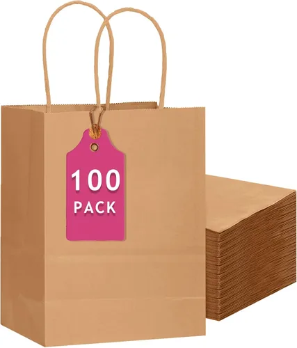 Miniatura 10 de qiqee 100 bolsas de regalo de papel de tamaño mediano con asas a granel de 7.6 x 4.75 x 10.5 pulgadas, bolsas de regalo marrones para múltiples usos