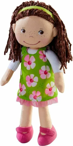 HABA Coco - Muñeca de bebé suave de 12 pulgadas con pelo castaño, cara bordada, vestido verde extraíble, diadema a juego, lavable a máquina, 18