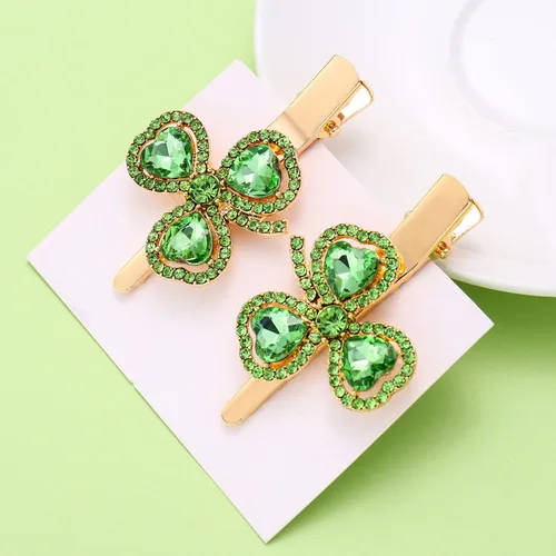 Miniatura 5 de Pinzas para el cabello para el día de San Patricio, trébol de diamantes de imitación, clip de metal, divertido trébol irlandés, horquillas de trébol