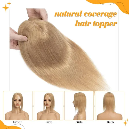 Miniatura 4 de S-noilite Toppers para el cabello humano real para mujer, sin flequillo, 14 pulgadas, #27 rubio oscuro, base de seda, clip en la parte superior