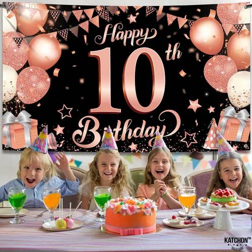 Miniatura 3 de KatchOn Cartel de cumpleaños número 10 de oro rosa - XL, 72 x 44 pulgadas Telón de fondo de feliz cumpleaños 10