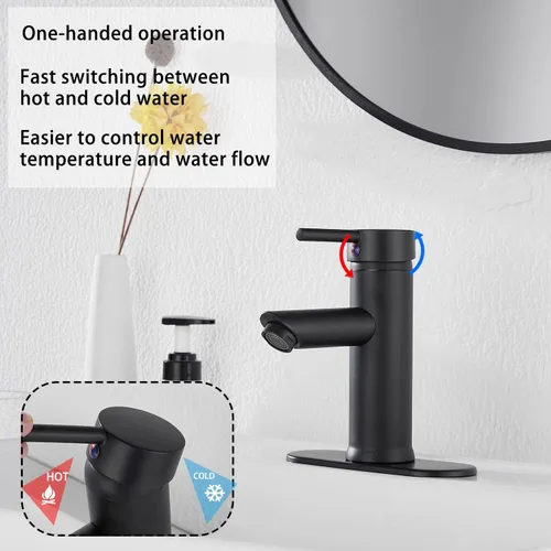 Miniatura 4 de Grifo de lavabo de baño negro con una sola manija 1 agujero a juego con desagüe emergente baño Vantity grifo lavabo negro mate