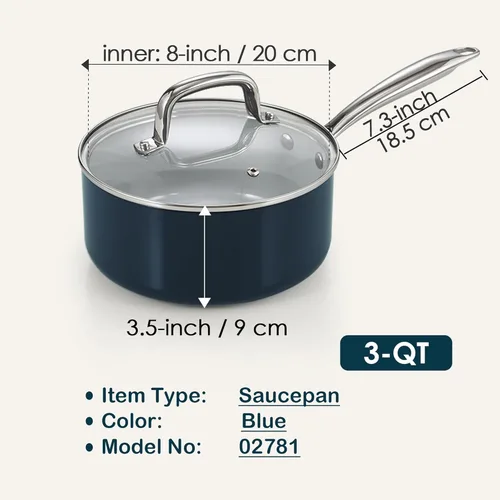 Miniatura 3 de Cook N Home Sartén antiadherente clásica con tapa de vidrio, cacerola anodizada dura de cerámica antiadherente con mango que se mantiene fresco, Azul