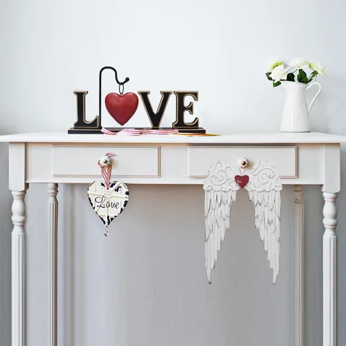 Miniatura 4 de K KILIPES Ala de ángel colgante para el día de San Valentín con decoración de corazón rojo, esculturas de arte de pared de alas de metal rústico
