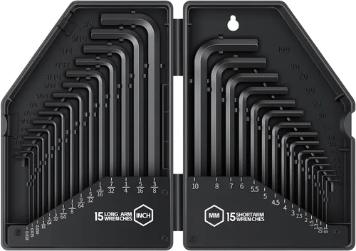 Reniteco Juego de 30 llaves hexagonales Allen con cabeza hexagonal, juego de herramientas organizador de aleación de acero en forma de L, negro,