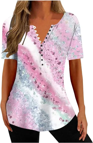 Miniatura 104 de Summer Shirts for Women 2025 Plus Size Short Sleeve Henley Tops Marble Floral Loose Tshirt Tee Casual Dressy Tunics