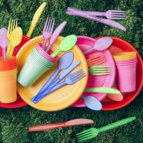 Miniatura 4 de Lasnten Juego de cubiertos de plástico con purpurina de 180 piezas, color rojo y verde, desechables, de plástico transparente, cubiertos