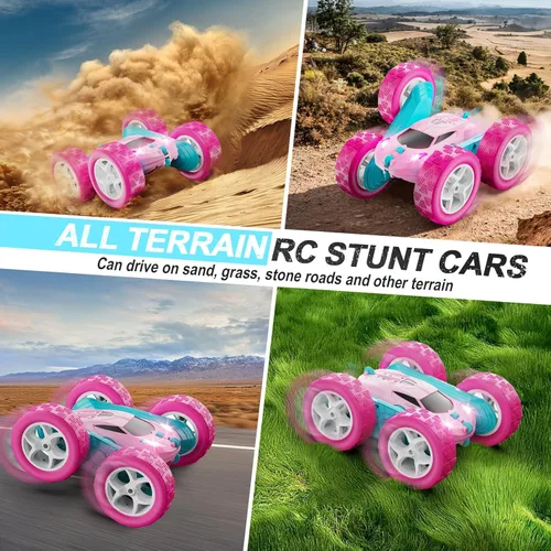 Miniatura 5 de QUNREDA Coches RC, Coche de Control Remoto Rosa para Niñas, 2.4 GHZ Coche de Acrobacias RC de Doble Cara Giratorio 360° Control Remoto Crawler