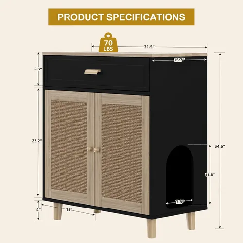Miniatura 7 de Mueble Gabinete para Caja de Arena de Gatos Oculta Interior 2 en 1 Casa de Madera para Gatos y Gabinete de Baño con Puertas de Tabla Rascadora