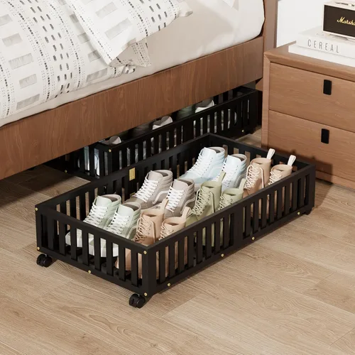 Miniatura 11 de Almacenamiento de bambú debajo de la cama con ruedas, caja organizadora de zapatos rodante debajo de la cama para zapatos, mantas, juguetes
