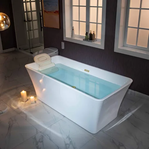 Miniatura 11 de WOODBRIDGE Bañera de acrílico independiente de 59 pulgadas, bañera blanca de remojo contemporáneo con desbordamiento y drenaje de oro cepillado