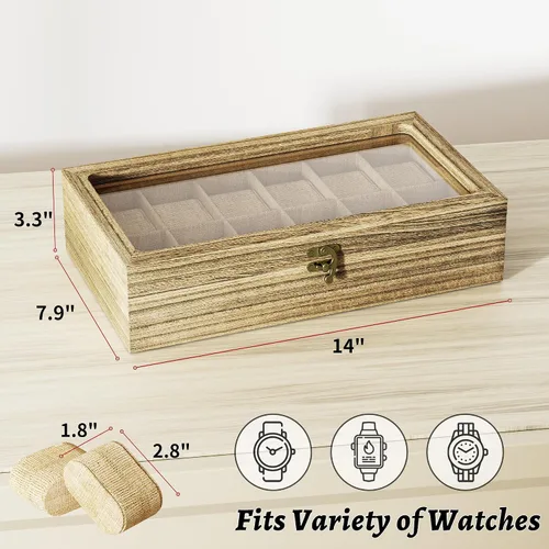 Miniatura 5 de SRIWATANA Caja de reloj, organizador de caja de reloj para hombres y mujeres, regalo del día del padre, 12 ranuras para reloj con tapa de cristal
