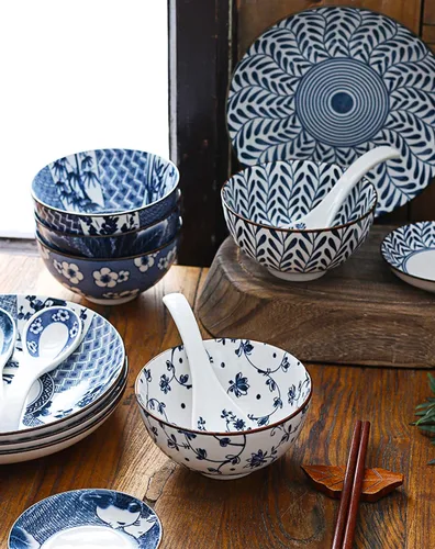 Miniatura 4 de Gegong Paquete de 6 cuencos de cerámica, cuencos de arroz de estilo japonés, cuencos de porcelana azul y blanca de 10 onzas, cuencos de cereales
