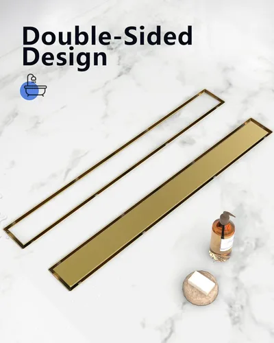 Miniatura 2 de YEFU Drenaje de ducha lineal dorado para baño: drenaje de ducha de 24 pulgadas con rejilla de inserción de azulejos, drenaje lineal rectangular