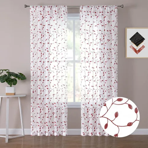 Miniatura 30 de Tollpiz Cortinas Cortas Transparentes de Hojas con Bordado de Hojas Grises, Cortinas de Dormitorio con Bolsillo para Barra, Voile de Lino Sintético