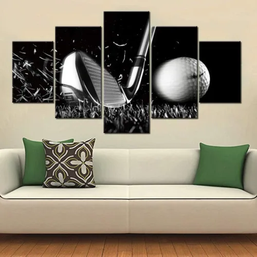 Miniatura 4 de Piezas de golf para decoración de pared, pinturas en blanco y negro, arte de pared para sala de estar, golf, deportes, obras de arte de 5 piezas