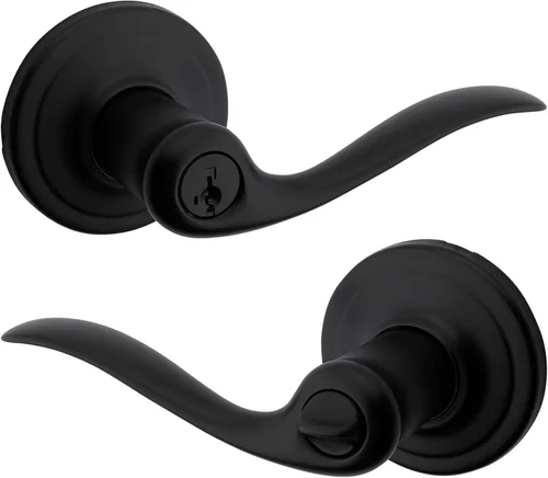 Kwikset Tustin - Manija de puerta de entrada con cerradura y llave, palanca exterior reversible con cerradura segura, para entrada principal y