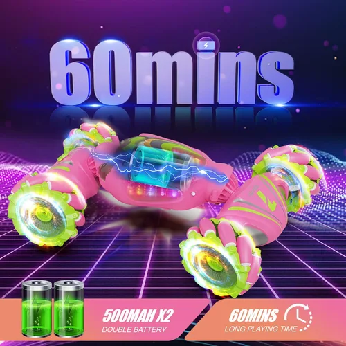 Miniatura 7 de Nicella Coche de control remoto, autos RC rosas para niñas, acrobacias de gestos con luz y música, 4 WD, rotación de 360°, juguetes de auto