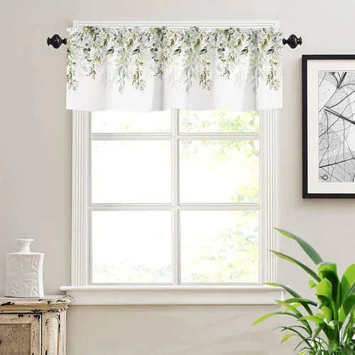 Miniatura 4 de Cortinas Cenefa Verde Salvia Floral Cocina con Bolsillo para Barra Paneles Cortos Acuarela Hojas de Eucalipto Retro Tratamiento de Ventana Cortinas