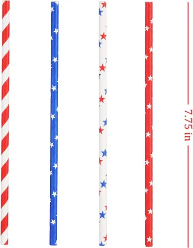 Miniatura 3 de ALINK Pajitas de papel con bandera estadounidense, rojo, azul y blanco, 100 pajitas biodegradables a rayas/estrellas para el Día de los Caídos, 4