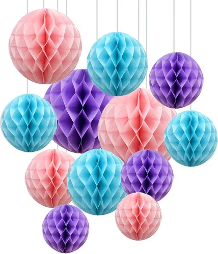 Miniatura 21 de ZOOYOO 12 piezas 15 cm 25 cm bolas de panal decorativas de papel de seda con pompones colgantes para cumpleaños, baby shower, boda, compromiso, Azul