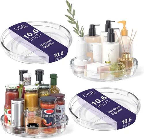LAMU Paquete de 4 Organizadores Lazy Susan de 10.6 pulgadas, Plataforma Giratoria Transparente Lazy Susan para Gabinete, Refrigerador, Superficie de