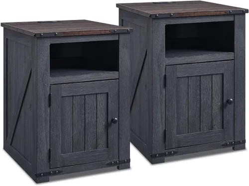 Miniatura 7 de IFGET - Mesita de noche con estación de carga, mesa auxiliar de 20" estilo granja con puerta de granero, mesa de sofá rústica de madera para cama