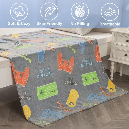 Miniatura 3 de Manta de Juego para Regalos de Niños - Gamer de Controlador de Juego que Brilla en la Oscuridad para Niños de 1 a 14 Años, Adolescentes, Niños Gris
