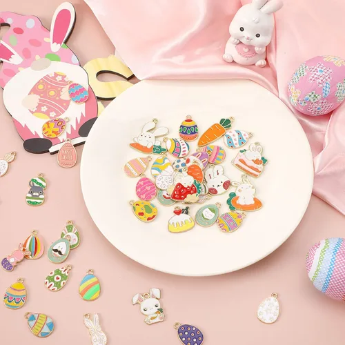 Miniatura 2 de SANNIX 110 dijes de Pascua, dijes de Pascua para hacer joyas, surtido de huevo, pollo, conejo, conejo a granel, esmalte dorado, colgantes