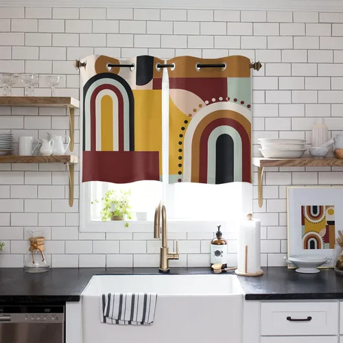 Libaoge Paneles de cortinas para cocina, cortinas modernas geométricas abstractas de color rojo ladrillo filtrante de luz con ojales en la parte