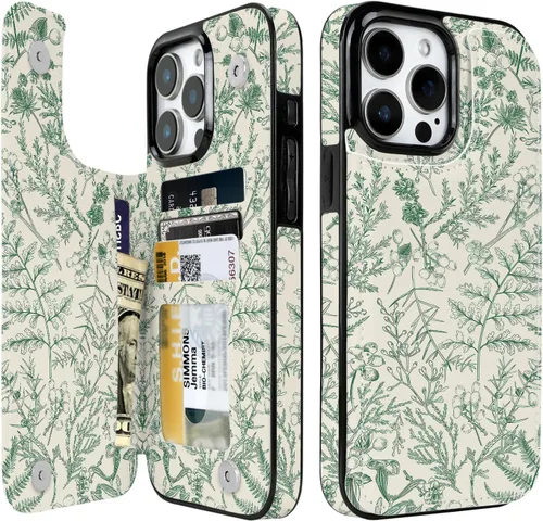 Miniatura 21 de Funda compatible con iPhone 14/15 con tarjetero y ranuras integradas de piel sintética con función atril y a prueba de golpes para iPhone 14/15