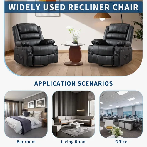 Miniatura 8 de Silla reclinable mecedora para adultos, giratoria de 360°, con portavasos y asiento profundo tapizado, de piel sintética, cómodo sofá individual