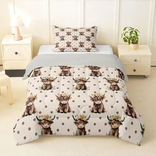 Miniatura 37 de Juego de ropa de cama de vaca de las tierras altas, edredón de ganado de las tierras altas, juego de edredón rosa floral de vaca occidental, juego