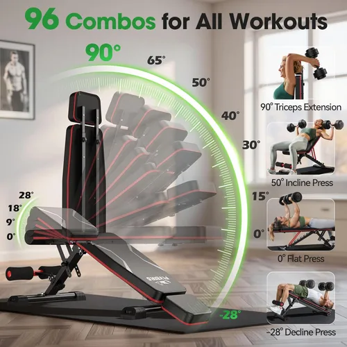 Miniatura 11 de FLYBIRD Banco de pesas ajustable que se adapta hasta 6'5'', capacidad de 750 libras para entrenamiento de cuerpo completo, banco plegable resistente