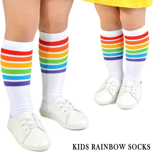 Miniatura 7 de EPEIUS Calcetines altos a la rodilla con rayas arco iris para bebé, medias de tubo antideslizantes, calcetines de fútbol para niños pequeños y niños