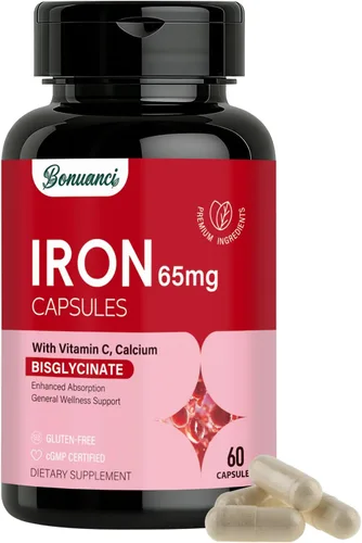 Suplemento de hierro – Hierro de 65 mg de bisglicinato de hierro de alta absorción con vitamina C, calcio, pastillas de hierro suaves para mujeres y
