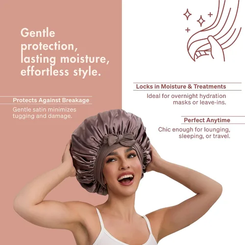 Miniatura 5 de LUCE Gorro de seda de satén para dormir, gorro de satén XL de doble capa de 600 hilos para mujer, gorro para dormir con lazo ajustable