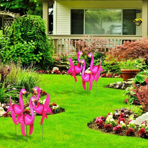 Miniatura 4 de Fun Express Juego de 6 adornos de mini flamencos rosados para patio, molinillos de viento para exteriores con alas giratorias, regalos de decoración