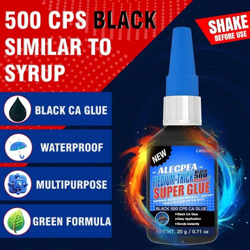 Miniatura 3 de 20g de pegamento CA negro medio-espeso (500 CPS), pegamento super de cianoacrilato premium para madera, vidrio, metal, papel, cuero, plástico