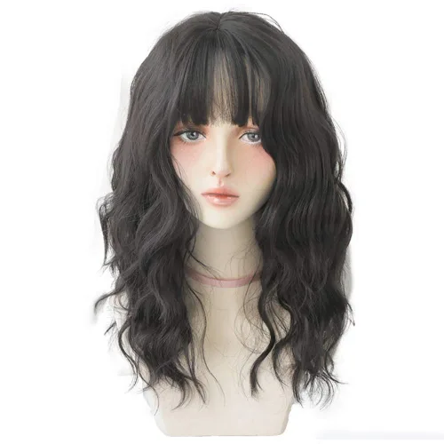 Pelucas onduladas con flequillo para mujer, pelucas de fiesta de aspecto natural, resistente al calor, fibra de color ondulado, cabello ondulado