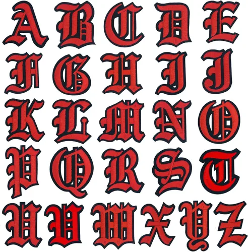 Parches de letras góticas rojas termo-adhesivas en antiguo inglés A-Z de 2" bordados, transferencia térmica/cosido en iniciales deportivas, alfabeto