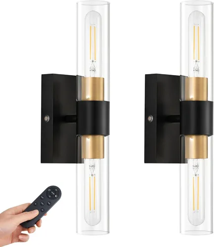 Miniatura 17 de Juego de 2 apliques de pared a pilas, luces de pared inalámbricas con control remoto, lámparas de pared regulables recargables para dormitorio