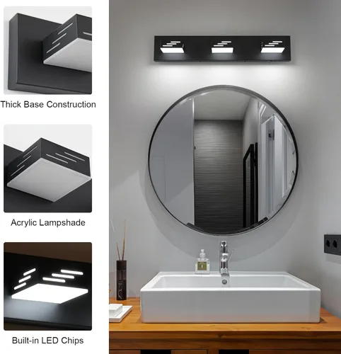 Miniatura 6 de Joosenhouse Lámpara de tocador de baño negra de 3 luces, 5CCT regulable, luces LED de tocador sobre el espejo, 23.6 pulgadas, 24 W, luces de espejo