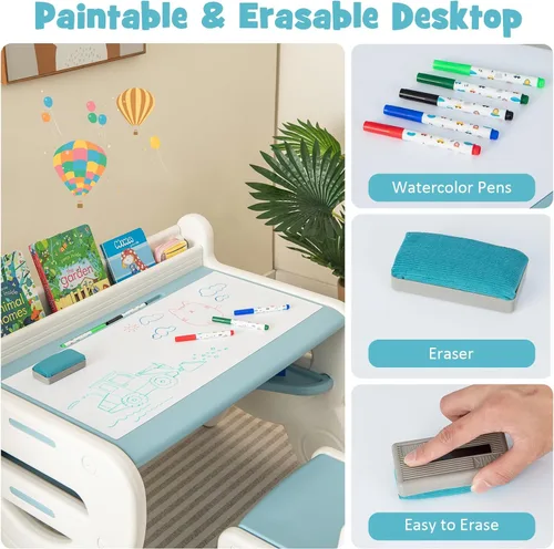 Miniatura 3 de Costzon - Juego de mesa y silla para bebé, escritorio de actividades de plástico con pizarra, bolígrafos de acuarela, borrador de pizarra y estante