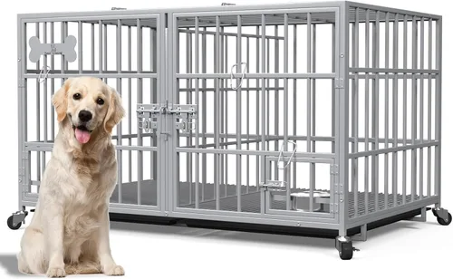 Miniatura 10 de aboxoo Jaula XL de 48/42 pulgadas para perros grandes/perros dobles medianos, jaulas de metal resistente, parte superior abierta de metal, perrera