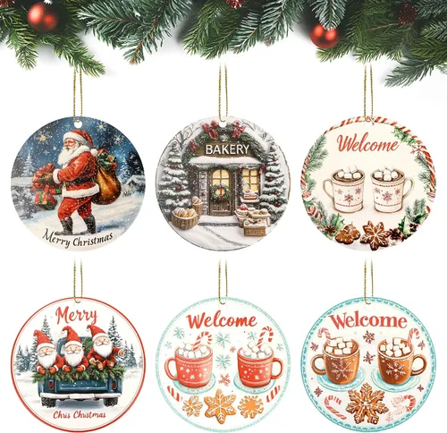 Juego de 6 adornos colgantes de Navidad, adornos de Papá Noel de 3.4 pulgadas, adornos colgantes de cerámica para decoración del árbol de Navidad,