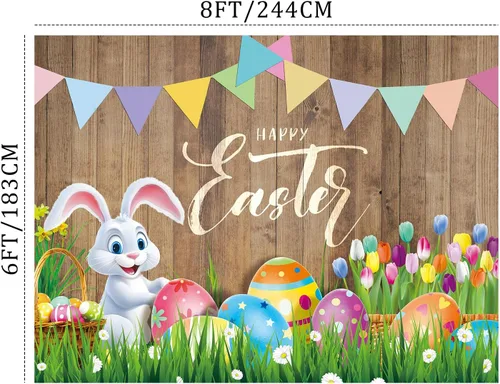 Miniatura 2 de FuWeave Telón de fondo de fotografía de Pascua de primavera de 8 x 6 pies, fondos de Pascua, huevos coloridos, flores, conejo, fondo de fotografía